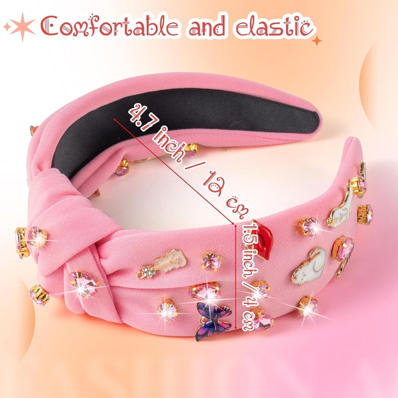 PANTIDE Music Jeweled Knotted Headband - Singer Fans Gift Guitar Red Lip Rhinestone Crystal Embellished Headband Wide Top Knot Fashion Hairband Birthday Back To School Gift for Women Girls (Pink) - Image 2